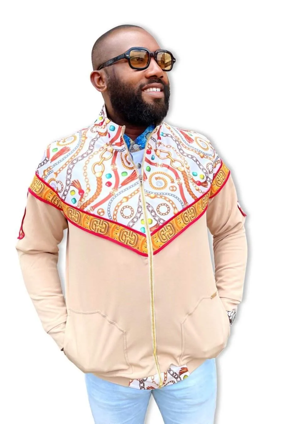 African Bomber Jacket For Men Beige