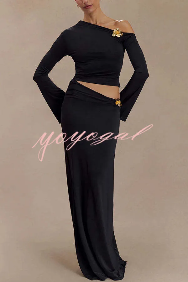 Ainsley Floral Hardware Asymmetrical Long Sleeve Stretch Top and Mid Rise Maxi Skirt Set