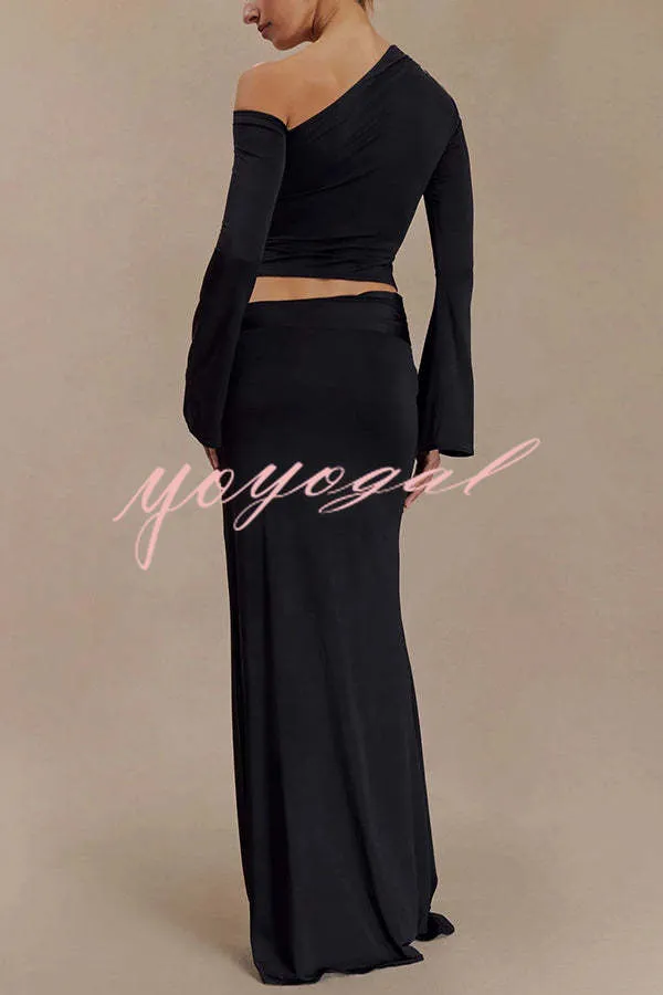 Ainsley Floral Hardware Asymmetrical Long Sleeve Stretch Top and Mid Rise Maxi Skirt Set