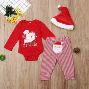 Baby Christmas Santa Claus Long Sleeve Romper & Striped Pants & Hat