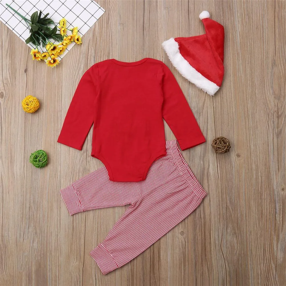 Baby Christmas Santa Claus Long Sleeve Romper & Striped Pants & Hat