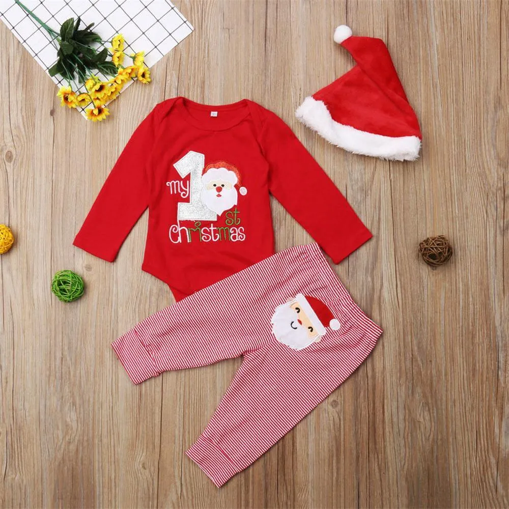 Baby Christmas Santa Claus Long Sleeve Romper & Striped Pants & Hat