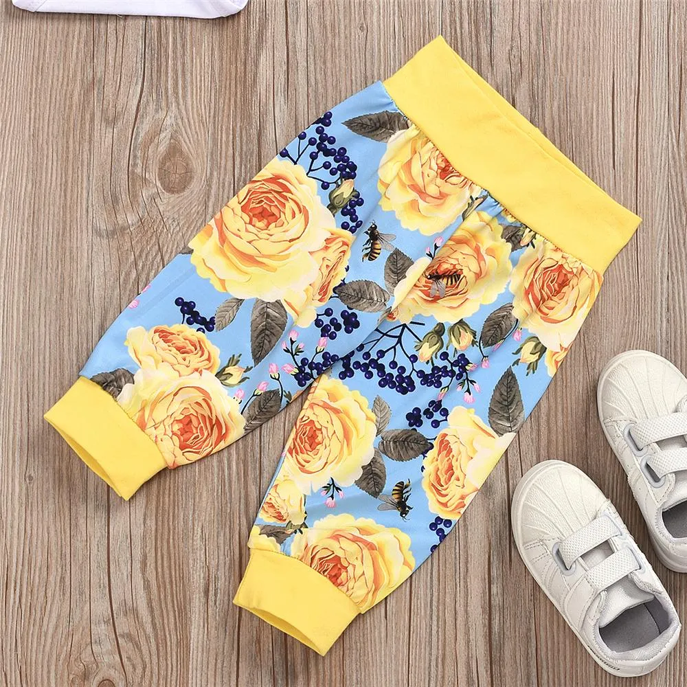 Baby Unisex Flower Printed Long Sleeve Romper & Pants & Hat Baby Boutique Clothing Wholesale
