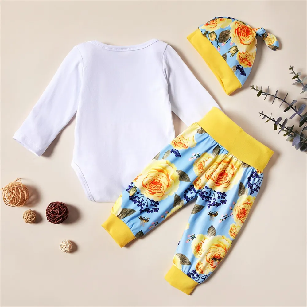 Baby Unisex Flower Printed Long Sleeve Romper & Pants & Hat Baby Boutique Clothing Wholesale