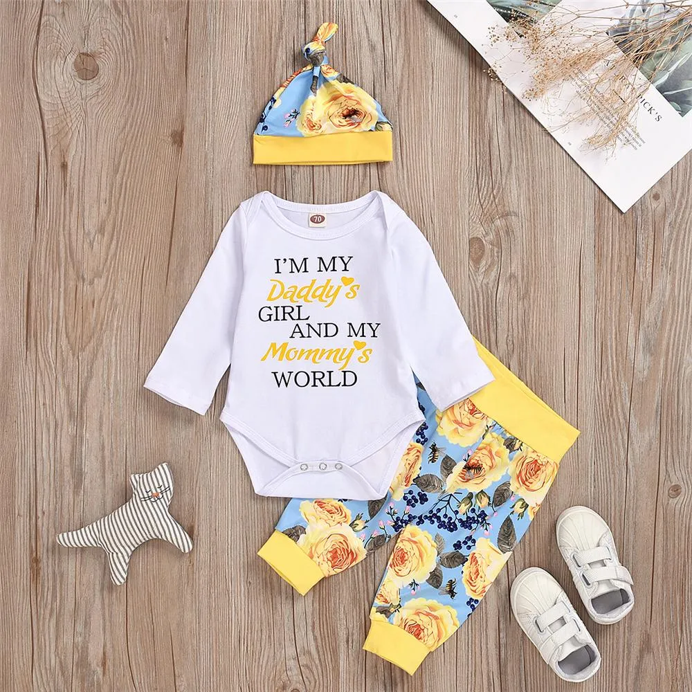 Baby Unisex Flower Printed Long Sleeve Romper & Pants & Hat Baby Boutique Clothing Wholesale