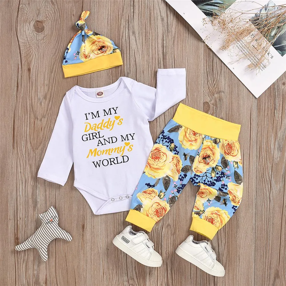Baby Unisex Flower Printed Long Sleeve Romper & Pants & Hat Baby Boutique Clothing Wholesale