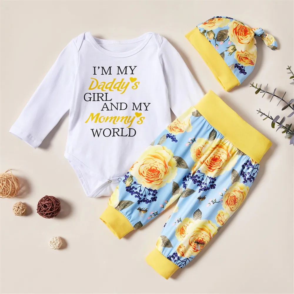 Baby Unisex Flower Printed Long Sleeve Romper & Pants & Hat Baby Boutique Clothing Wholesale