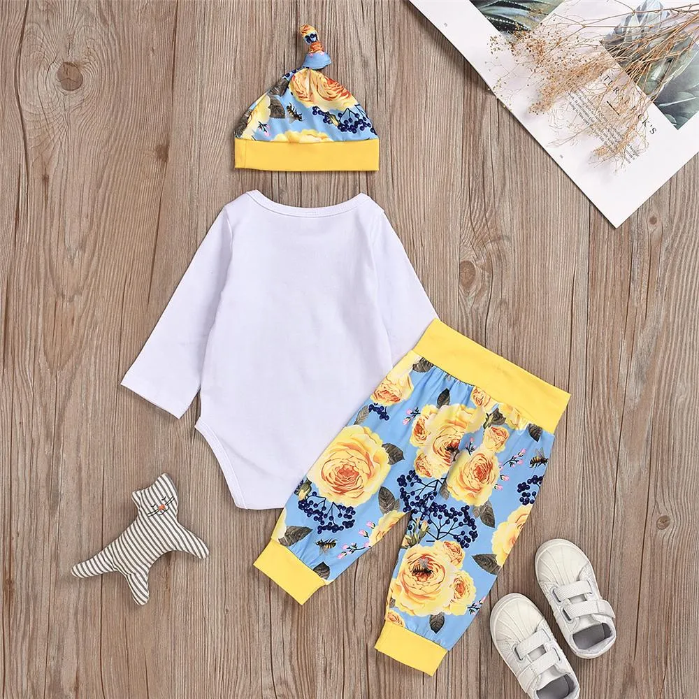 Baby Unisex Flower Printed Long Sleeve Romper & Pants & Hat Baby Boutique Clothing Wholesale