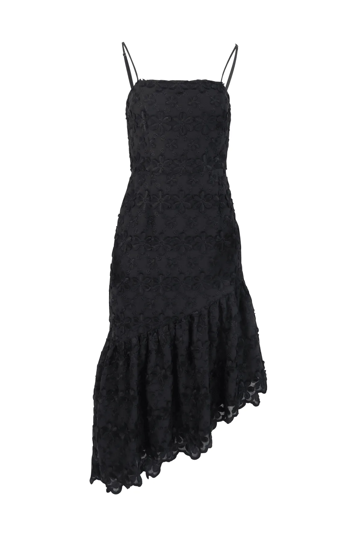 Black Asymmetrical Maxi Dress With Floral Embroidery
