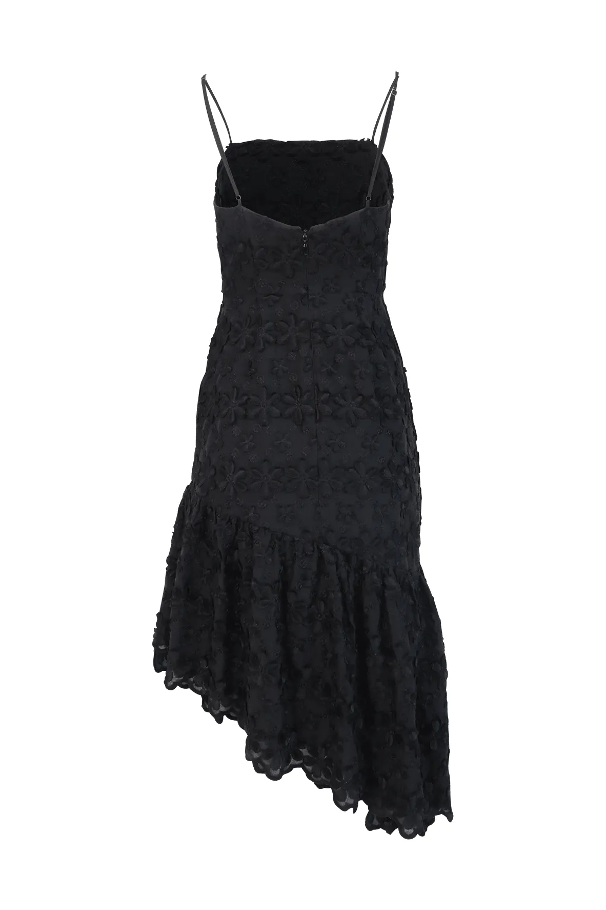 Black Asymmetrical Maxi Dress With Floral Embroidery