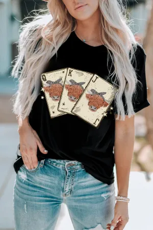 Black Cow Poker Cards Graphic Print Short Sleeve T Shirt