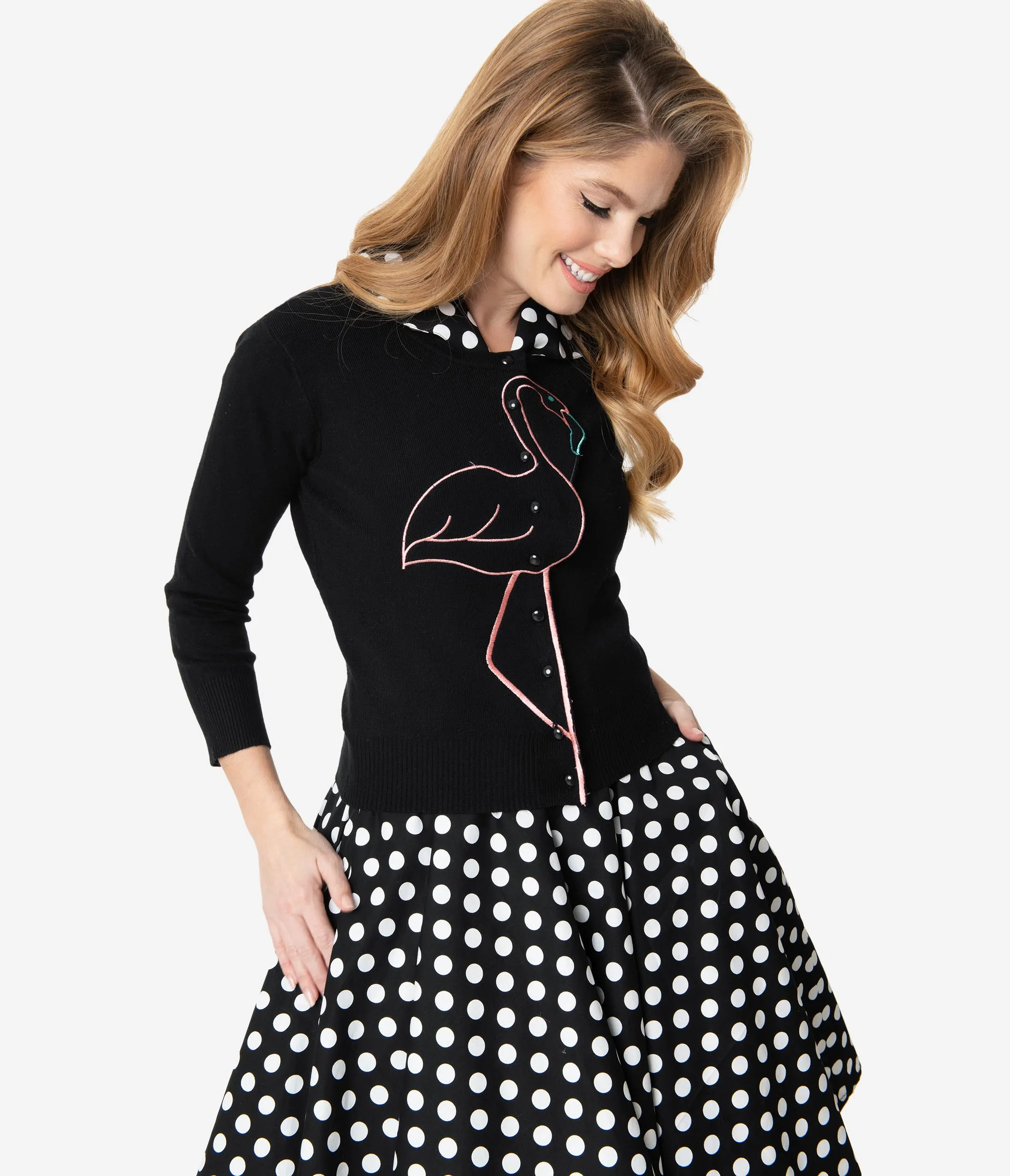 Black Embroidered Flamingo Button Up Cardigan
