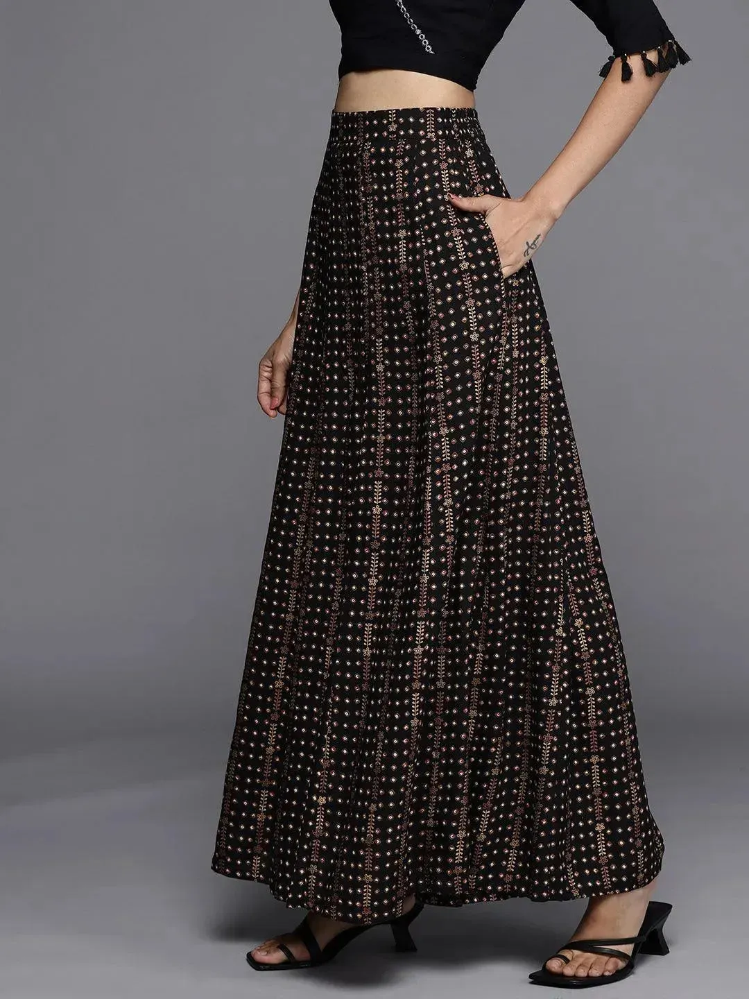 Black Printed Rayon Skirt
