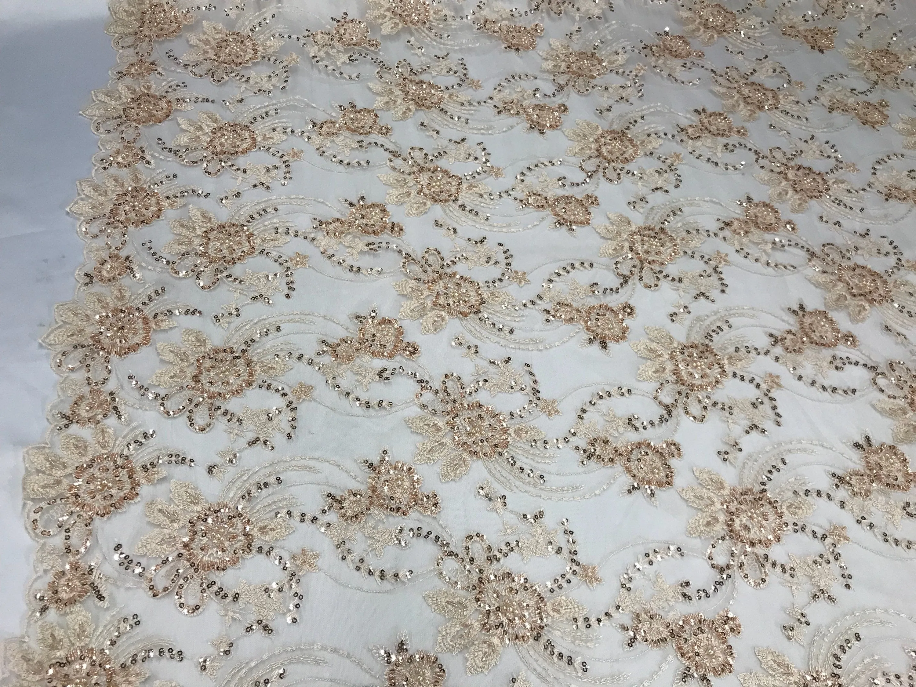 Blush peach hand beaded floral design embroider on a mesh lace-dresses-fashion-apparel-prom-nightgown-decorations-sold by the yard.