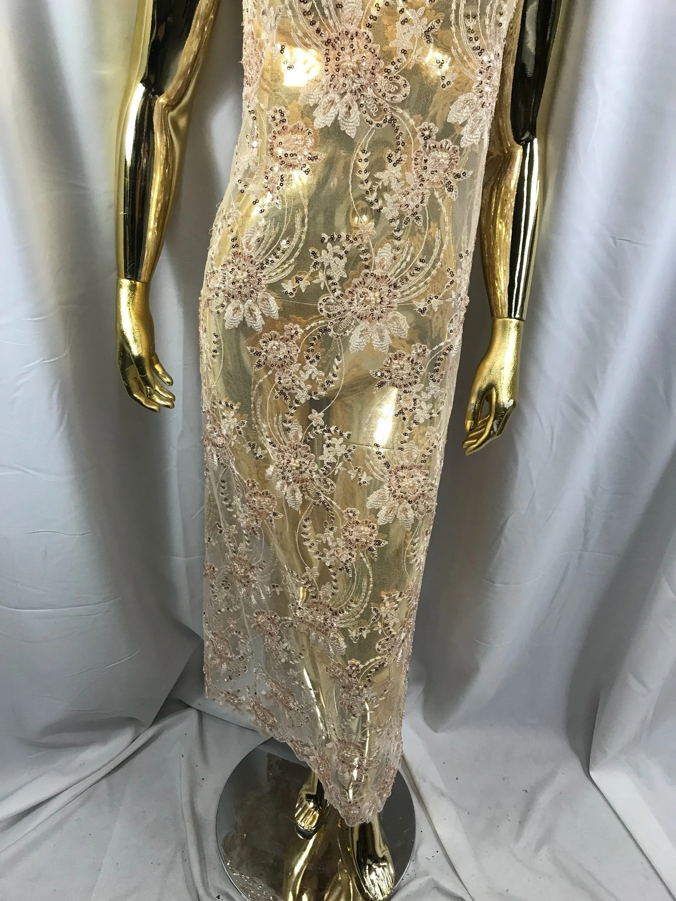 Blush peach hand beaded floral design embroider on a mesh lace-dresses-fashion-apparel-prom-nightgown-decorations-sold by the yard.