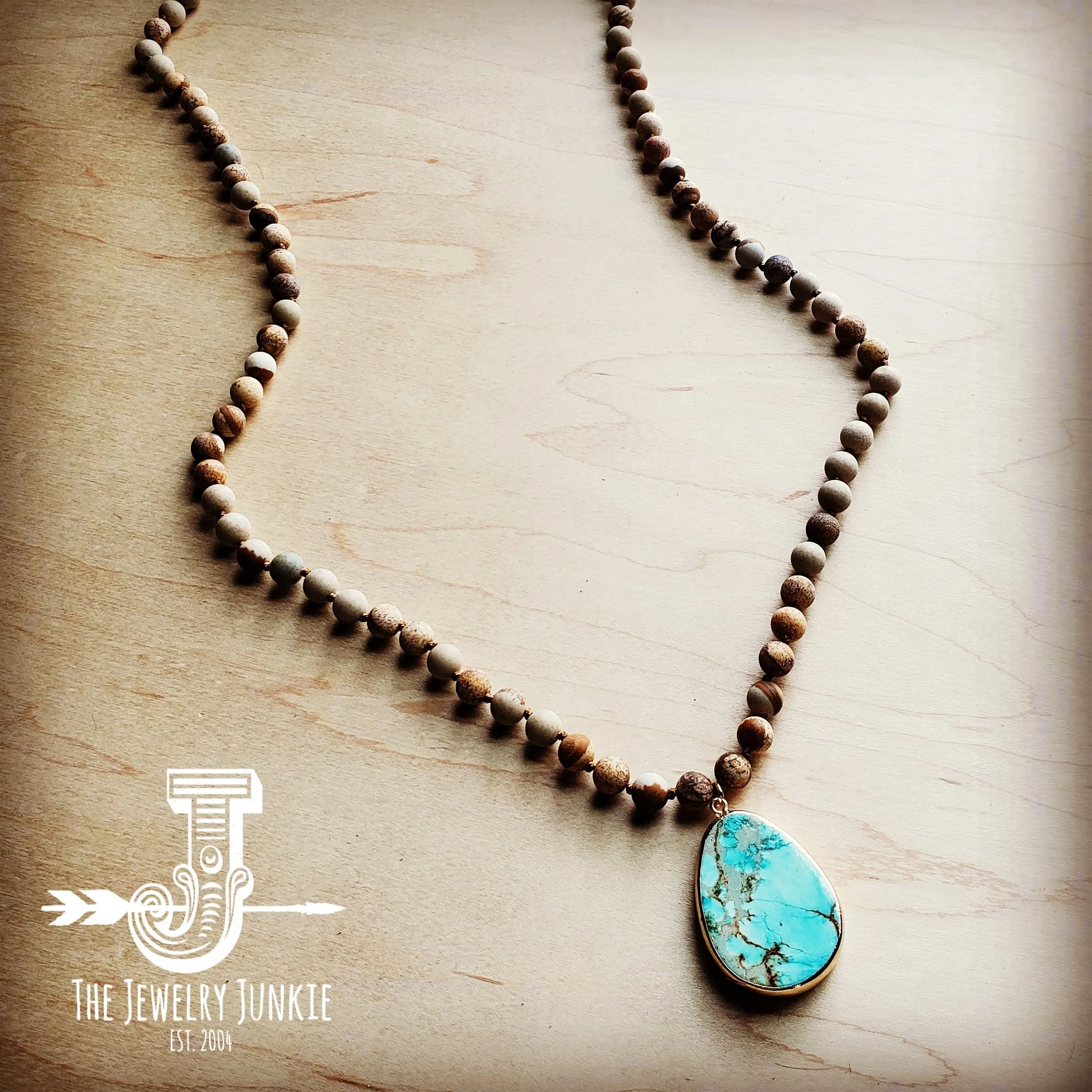 Bohemian Beaded Jasper Necklace with Ocean Agate Pendant 245u