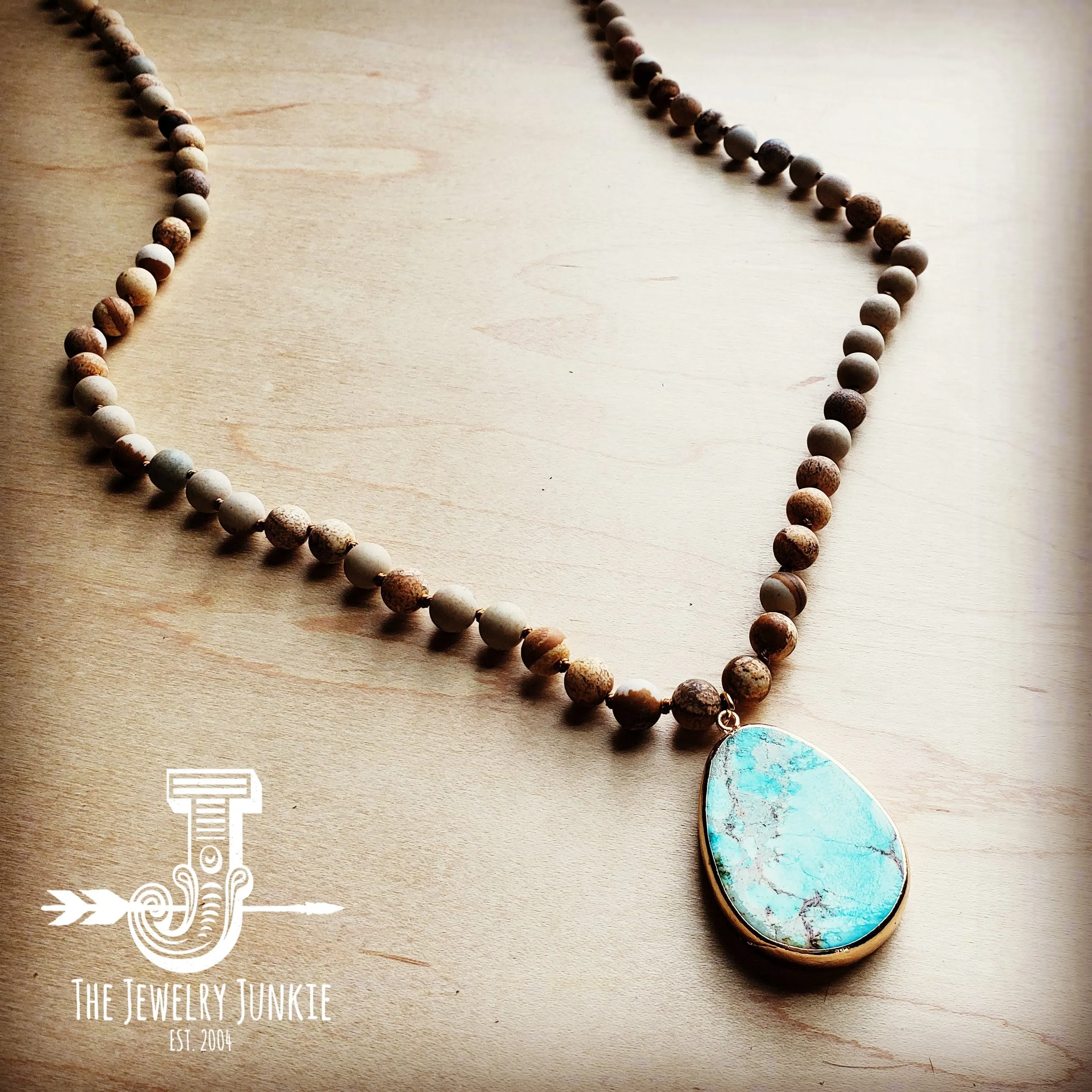 Bohemian Beaded Jasper Necklace with Ocean Agate Pendant 245u