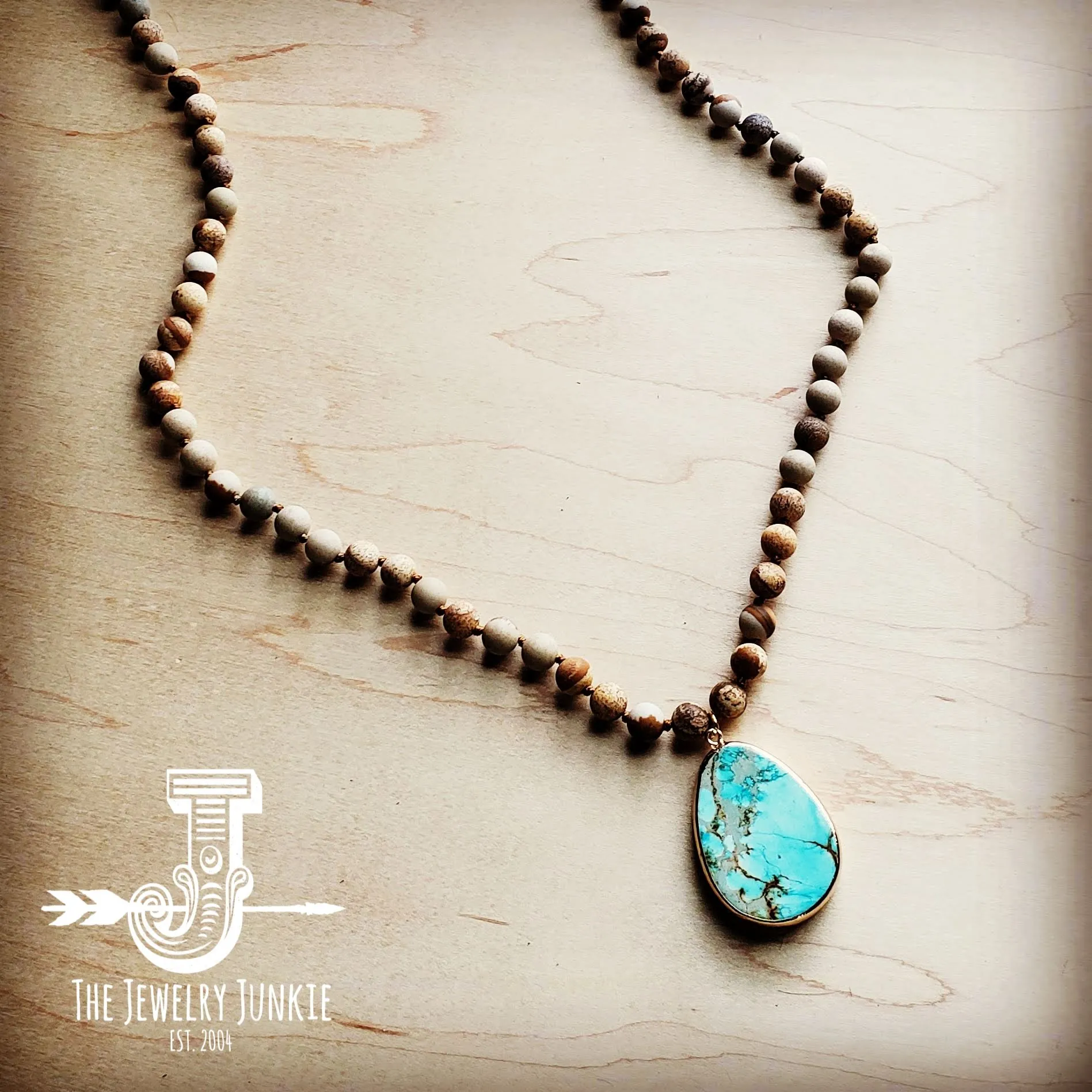 Bohemian Beaded Jasper Necklace with Ocean Agate Pendant 245u