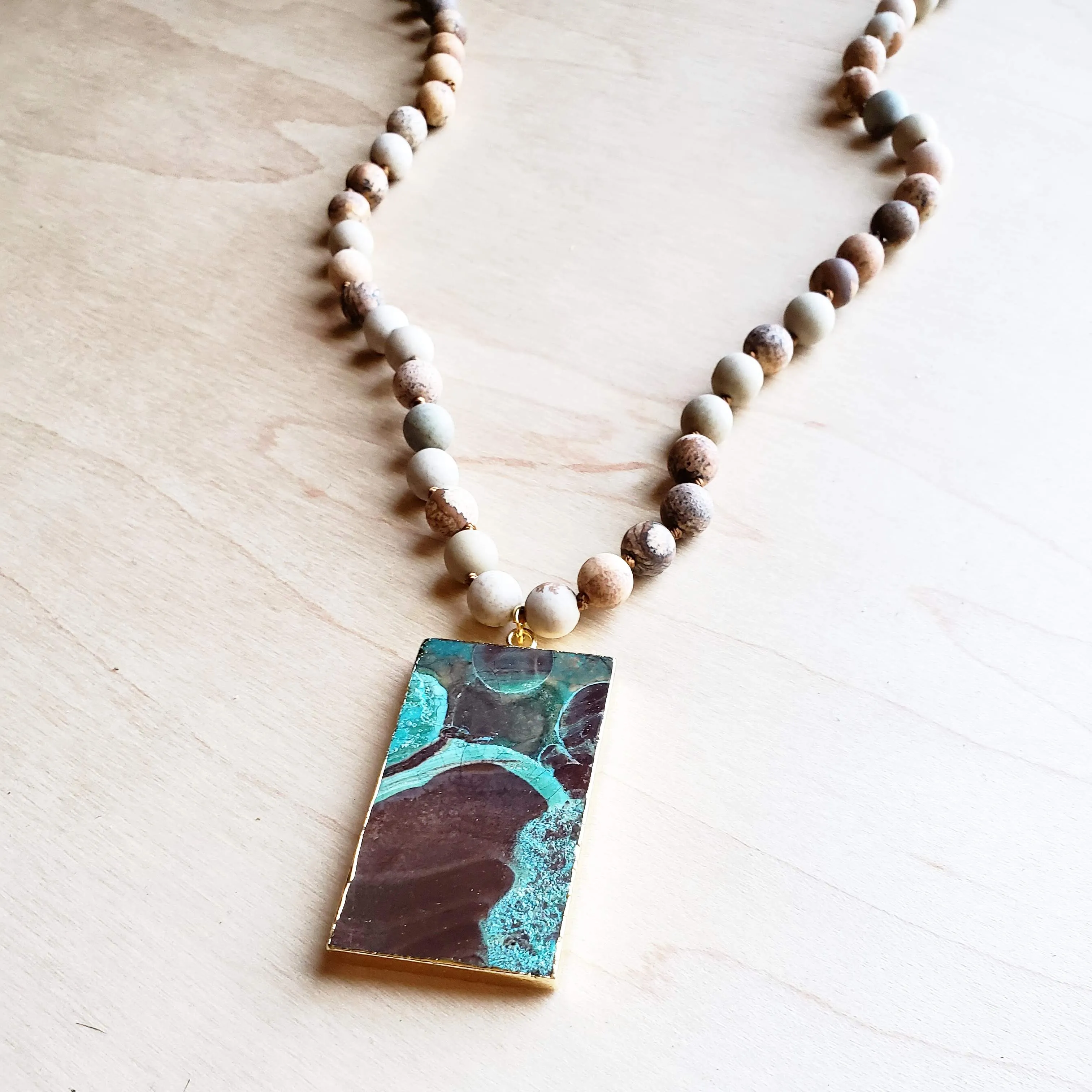 Bohemian Beaded Jasper Necklace with Ocean Agate Pendant 245u