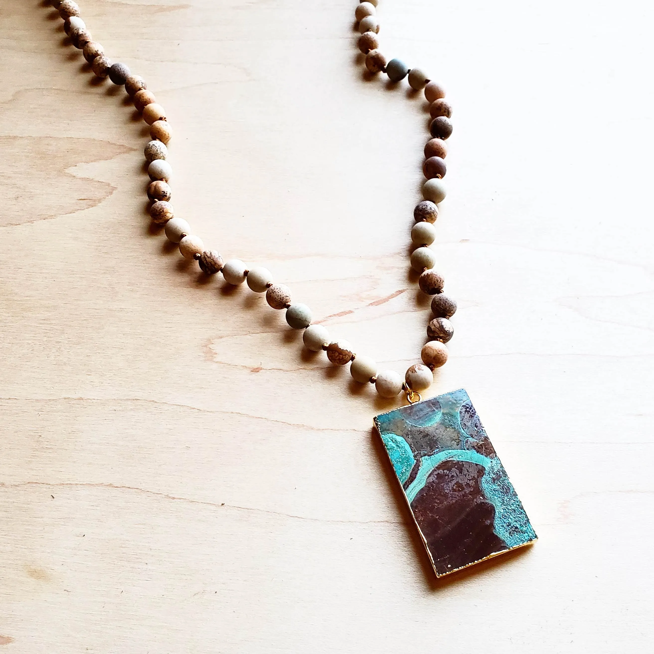 Bohemian Beaded Jasper Necklace with Ocean Agate Pendant 245u