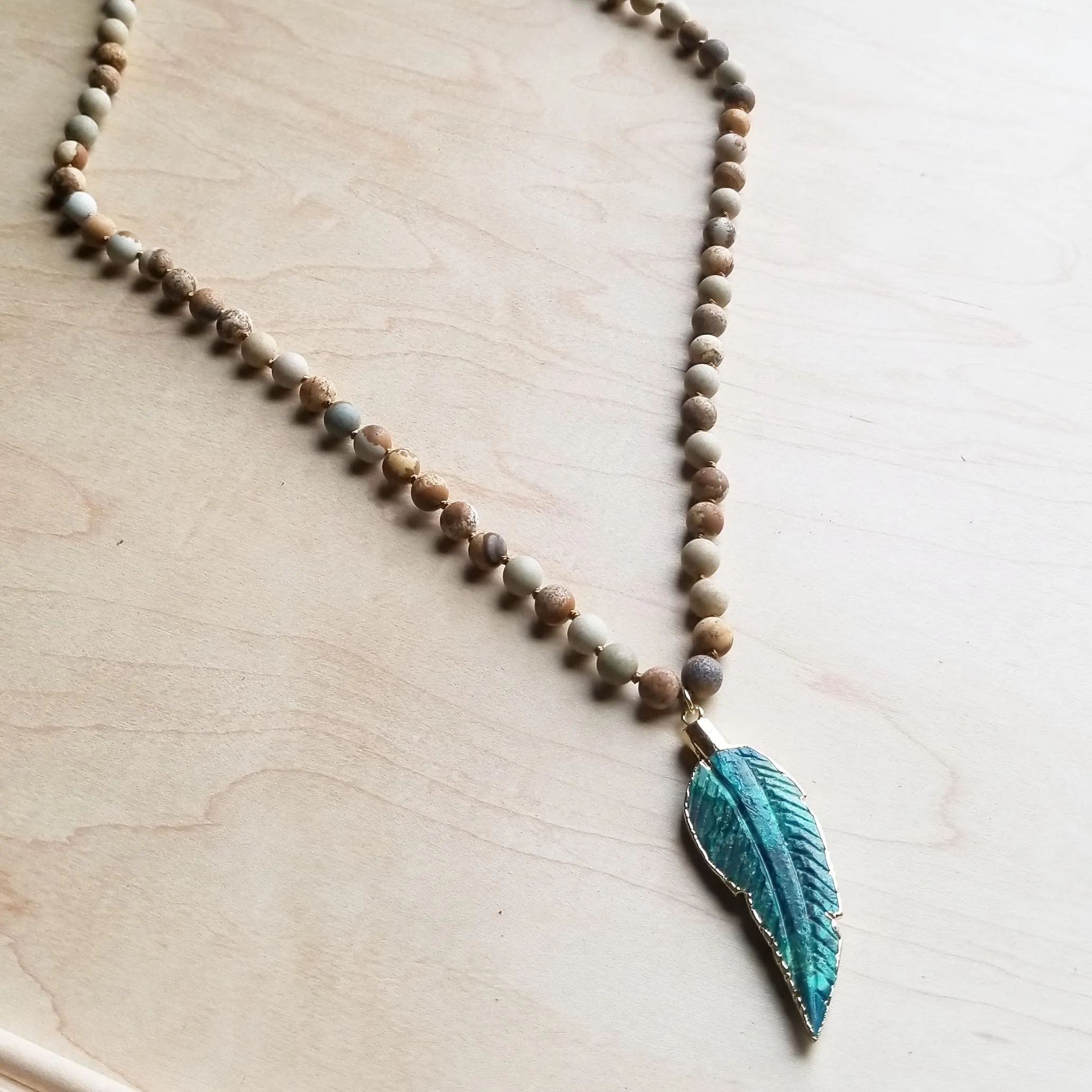 Bohemian Beaded Jasper Necklace with Ocean Agate Pendant 245u