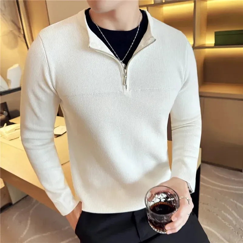 Bonsir Autumn Winter Fake 2 Piece Sweater Fashion Half Zipper Splice Long Sleeved Slim Fit Warm Sweaters Men Knitted Pullover