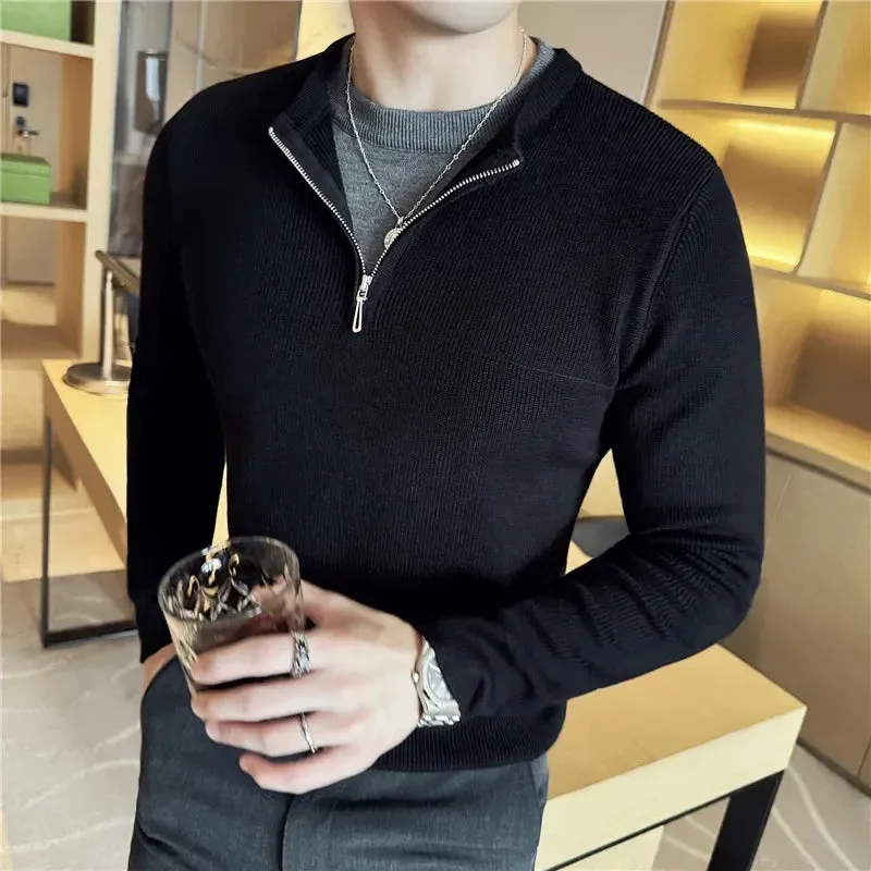 Bonsir Autumn Winter Fake 2 Piece Sweater Fashion Half Zipper Splice Long Sleeved Slim Fit Warm Sweaters Men Knitted Pullover
