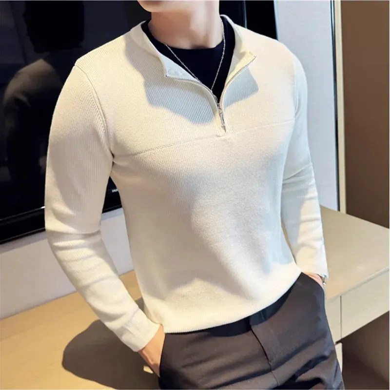 Bonsir Autumn Winter Fake 2 Piece Sweater Fashion Half Zipper Splice Long Sleeved Slim Fit Warm Sweaters Men Knitted Pullover