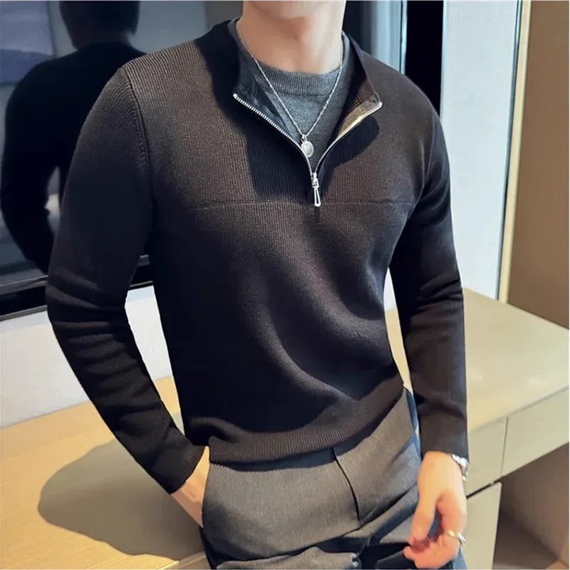 Bonsir Autumn Winter Fake 2 Piece Sweater Fashion Half Zipper Splice Long Sleeved Slim Fit Warm Sweaters Men Knitted Pullover
