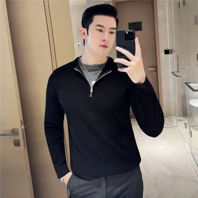 Bonsir Autumn Winter Fake 2 Piece Sweater Fashion Half Zipper Splice Long Sleeved Slim Fit Warm Sweaters Men Knitted Pullover