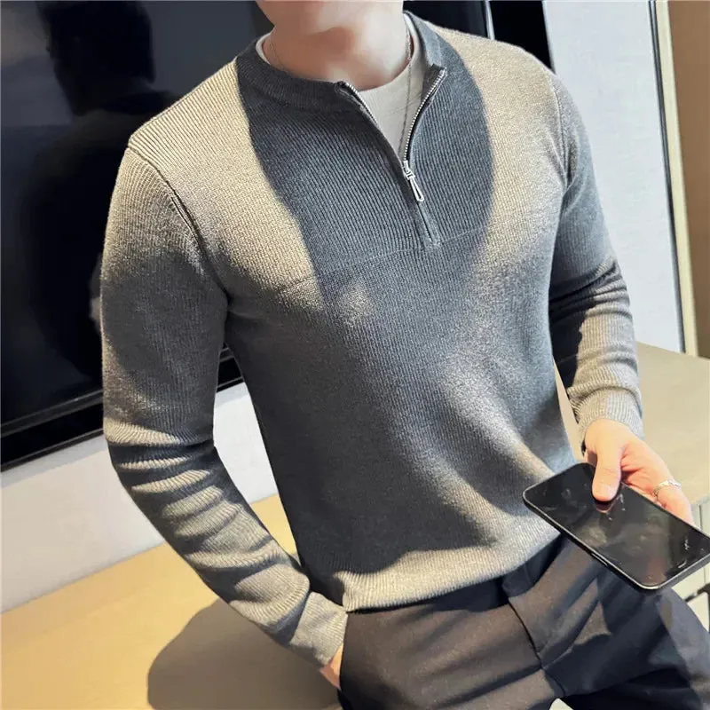 Bonsir Autumn Winter Fake 2 Piece Sweater Fashion Half Zipper Splice Long Sleeved Slim Fit Warm Sweaters Men Knitted Pullover