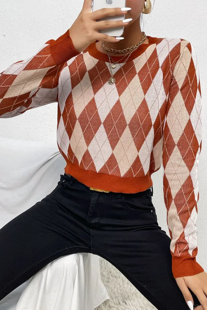 Brown Diamond Knit Pullover Sweaters