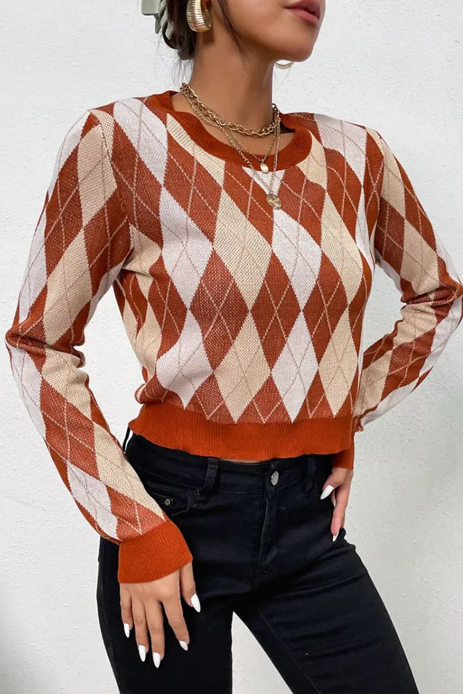 Brown Diamond Knit Pullover Sweaters