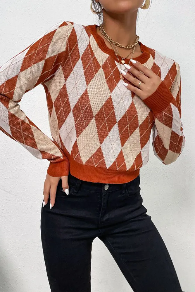Brown Diamond Knit Pullover Sweaters
