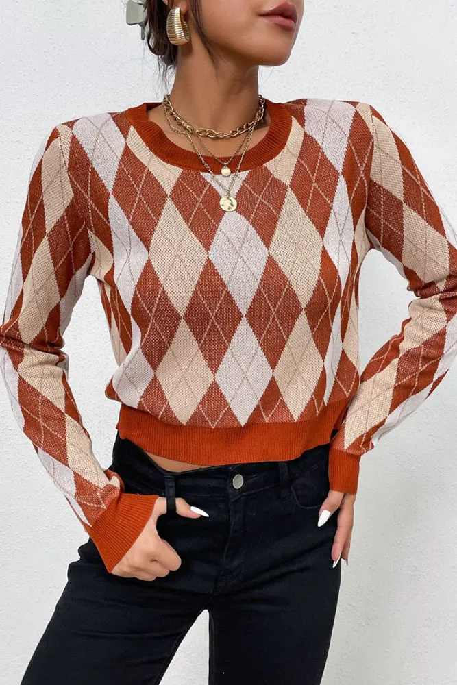 Brown Diamond Knit Pullover Sweaters