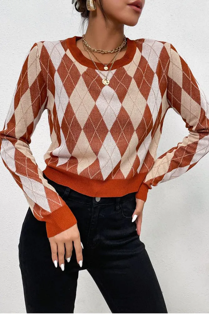 Brown Diamond Knit Pullover Sweaters