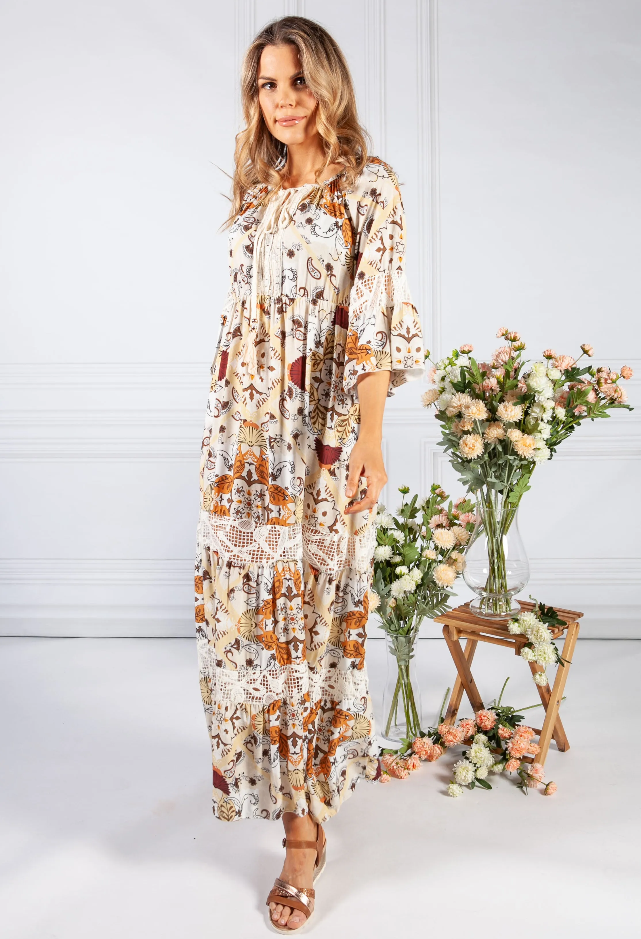 Brown Vintage Print Boho Dress