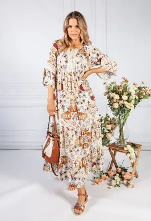 Brown Vintage Print Boho Dress