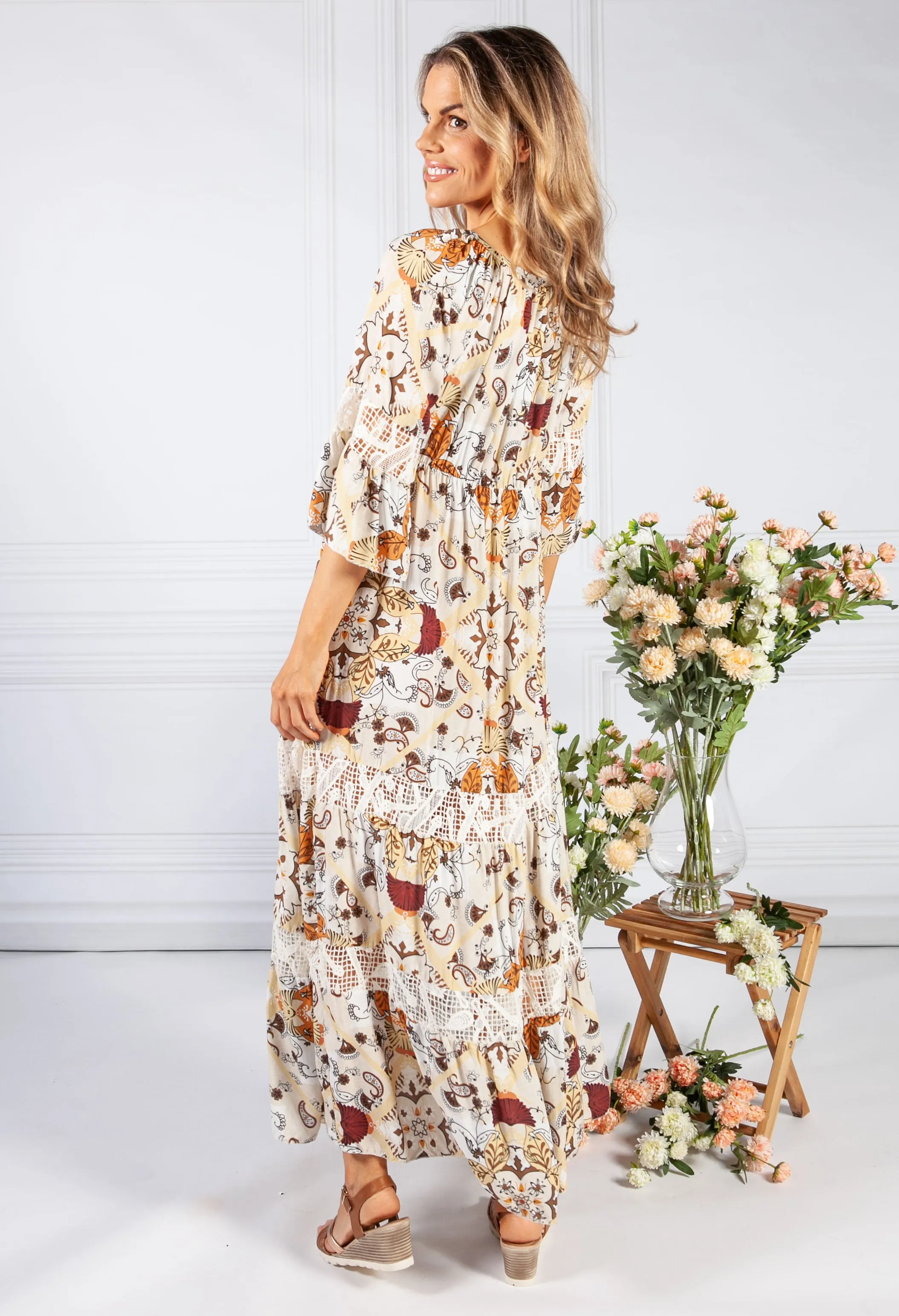 Brown Vintage Print Boho Dress