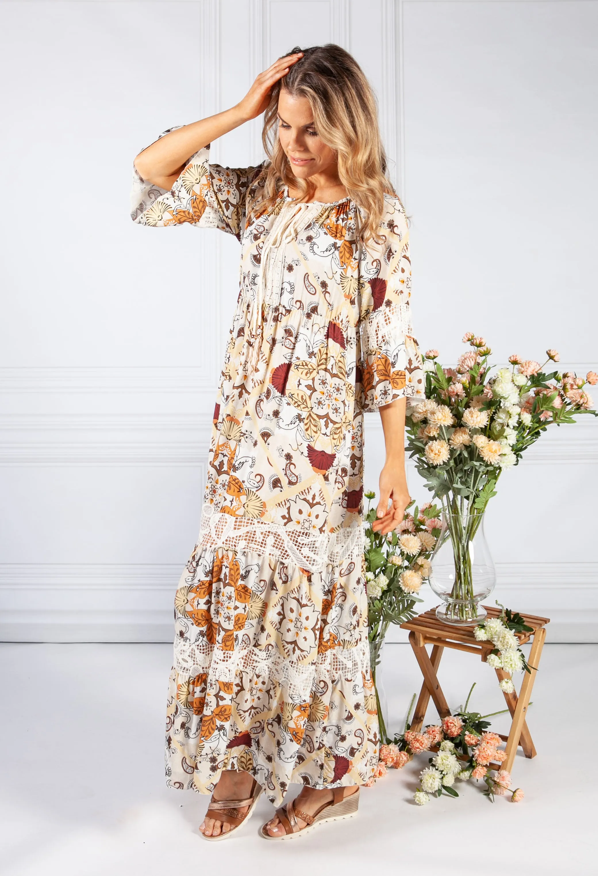 Brown Vintage Print Boho Dress