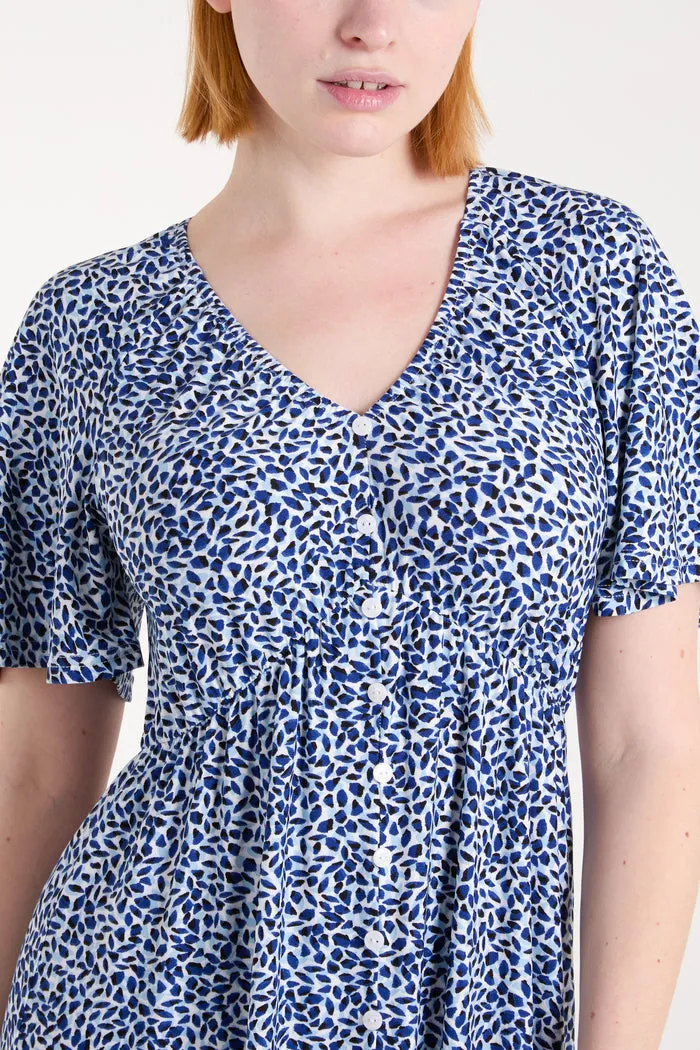 BUTTON FRONT DITSY LEAF MIDI DRESS NAVY