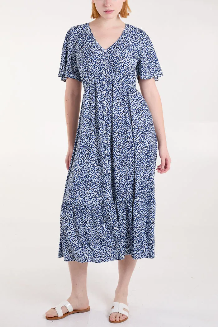 BUTTON FRONT DITSY LEAF MIDI DRESS NAVY