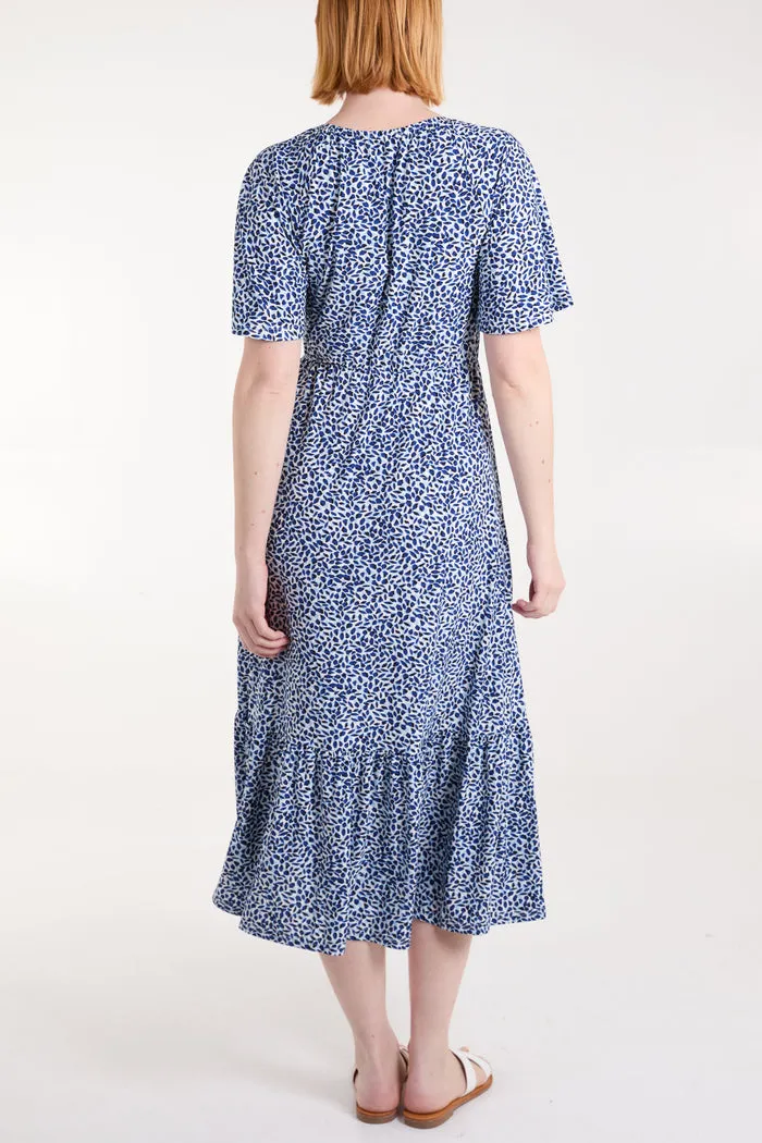 BUTTON FRONT DITSY LEAF MIDI DRESS NAVY