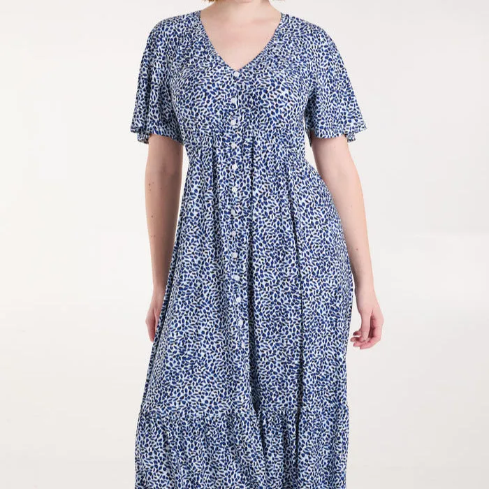 BUTTON FRONT DITSY LEAF MIDI DRESS NAVY