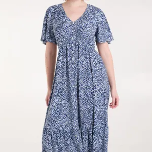 BUTTON FRONT DITSY LEAF MIDI DRESS NAVY