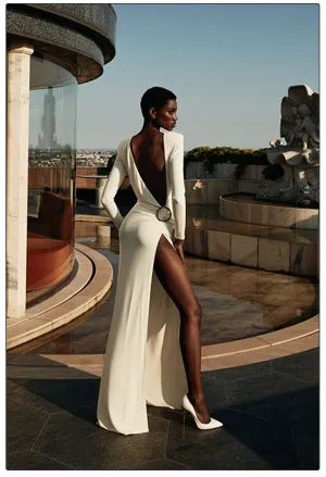 Catwalk Dress Feminine Halter Long Sleeves Side High Slit Metal Buckle Decoration Round Neck Long Skirt