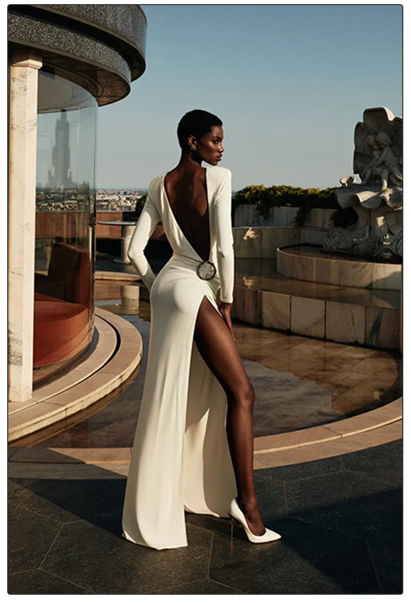 Catwalk Dress Feminine Halter Long Sleeves Side High Slit Metal Buckle Decoration Round Neck Long Skirt
