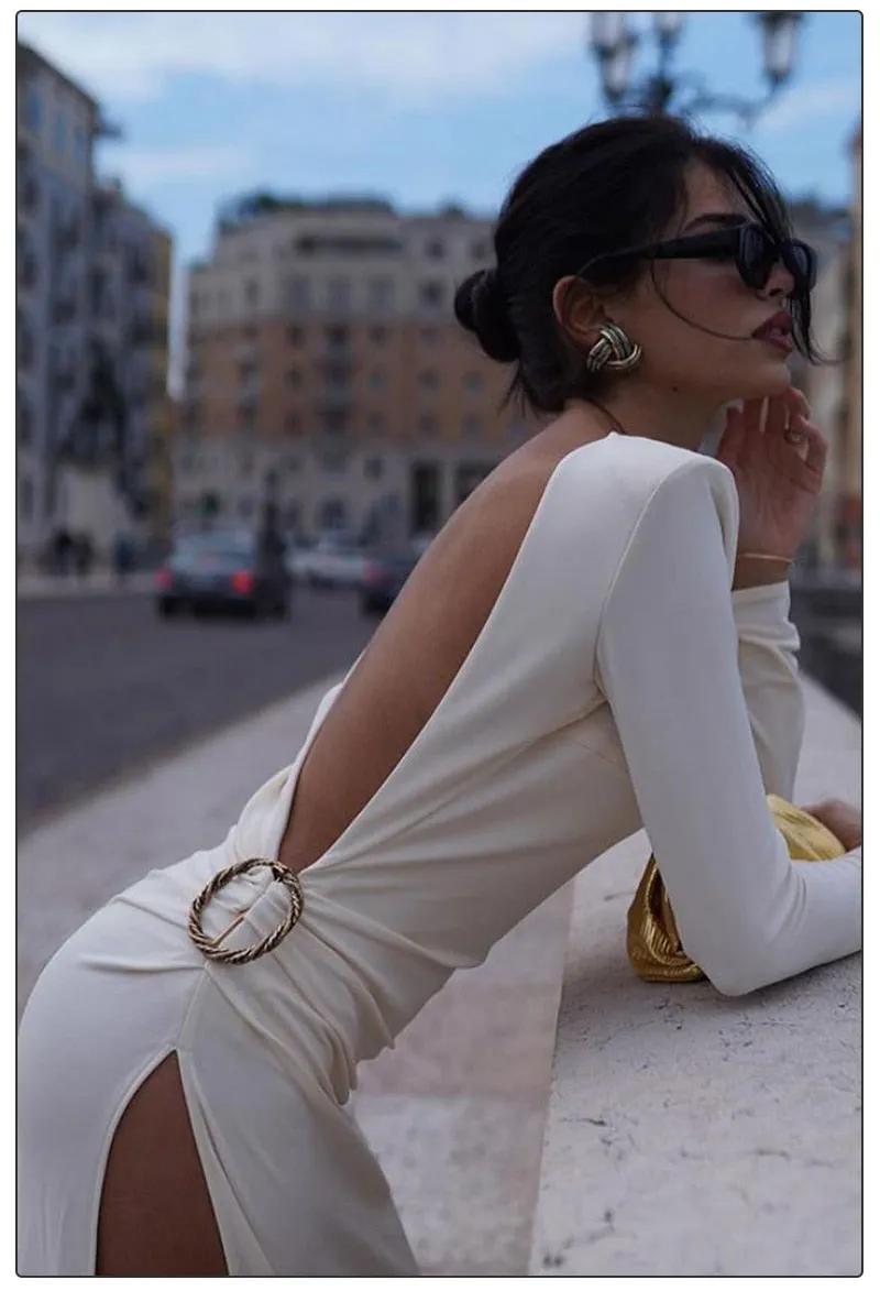 Catwalk Dress Feminine Halter Long Sleeves Side High Slit Metal Buckle Decoration Round Neck Long Skirt