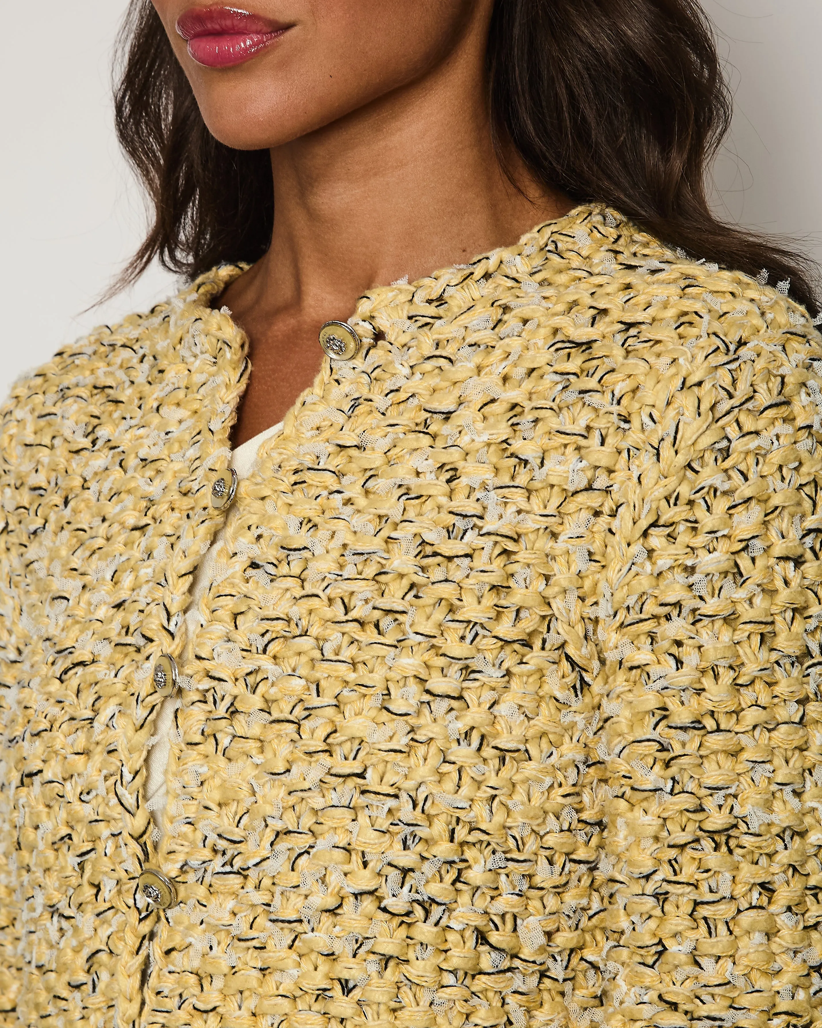 Chanel 22p Yellow, Black And Grey Tweed Cropped Jacket With Lion Buttons Detail Fr 36 (uk 8) Rrp £4,150