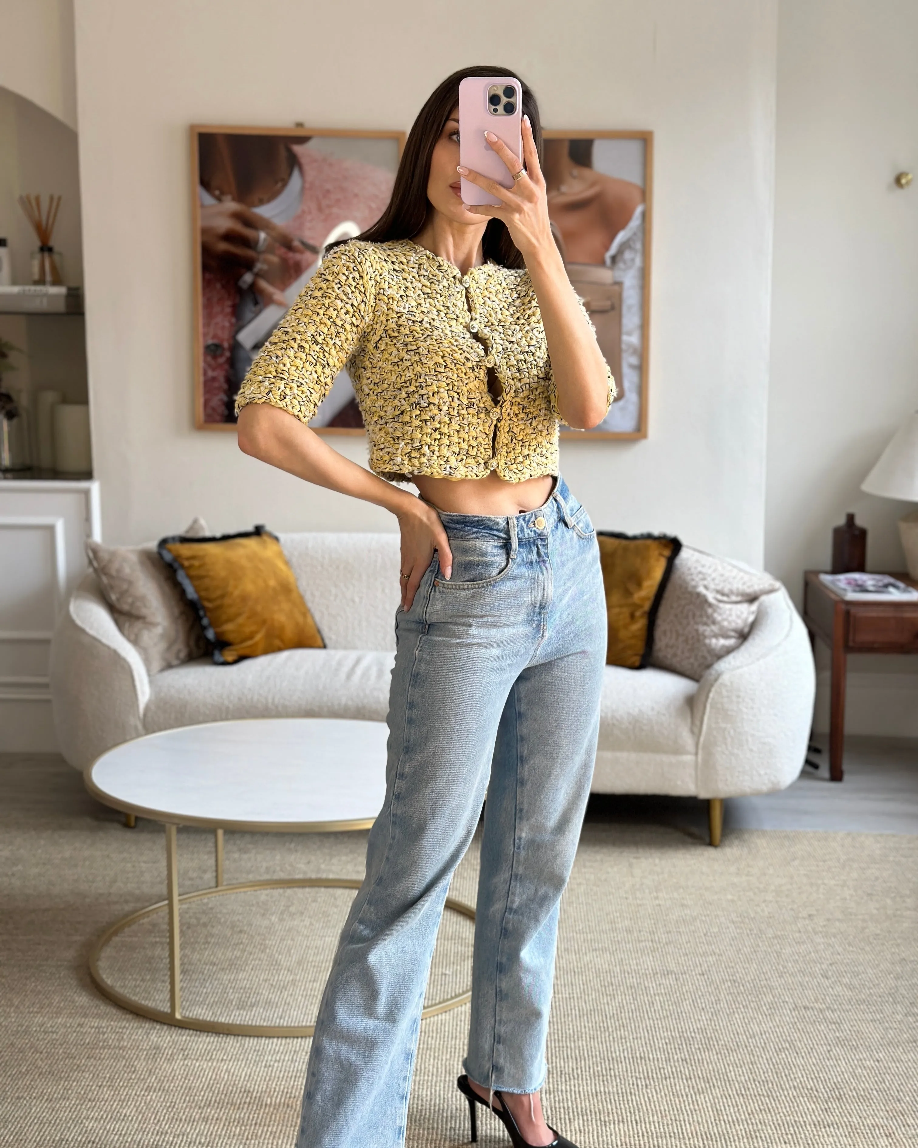 Chanel 22p Yellow, Black And Grey Tweed Cropped Jacket With Lion Buttons Detail Fr 36 (uk 8) Rrp £4,150
